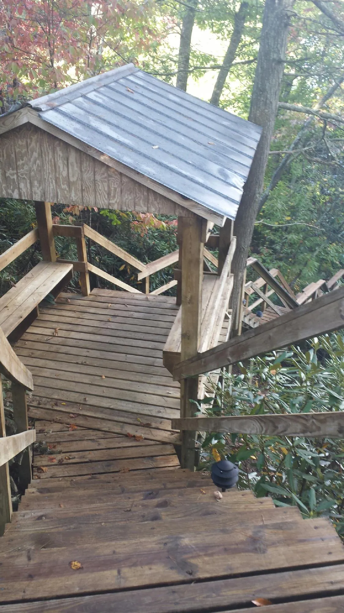 Metal roofed shelter over wooden steps on a wooded walkway — Skylight Repair & Installation work by our crew in Interlachen